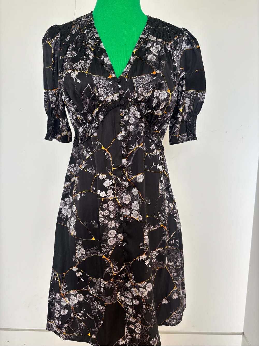 All Saints Black Floral Empire Waist Mini Dress with Gold Accents